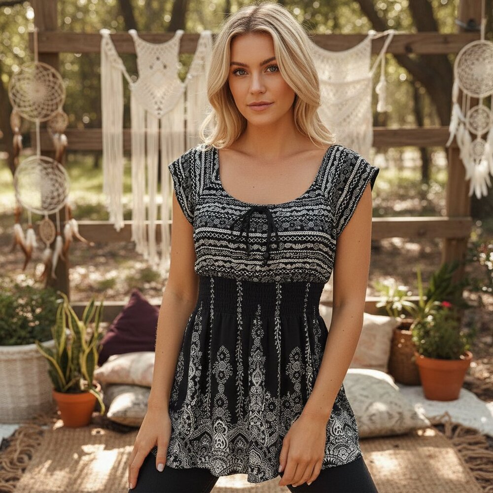 Dressbarn S Top Black White Y2K Boho Retro Knit Paisley Smocked Peasant Milkmaid